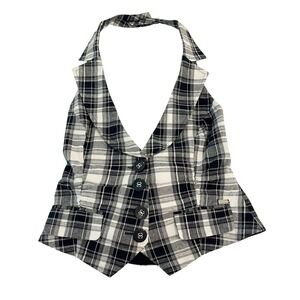 Vintage Guess Plaid Halter Vest Top Black White Y2K Academia Festival SMALL